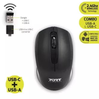 PORT bezdrôtová myš Wireless office, USB-A/USB-C dongle, 2, 4Ghz, 1000DPI, čierna