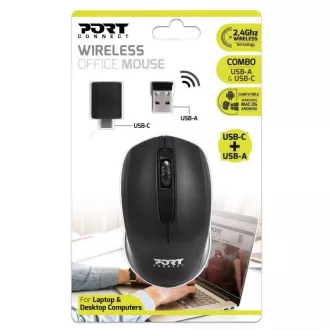 PORT bezdrôtová myš Wireless office, USB-A/USB-C dongle, 2, 4Ghz, 1000DPI, čierna