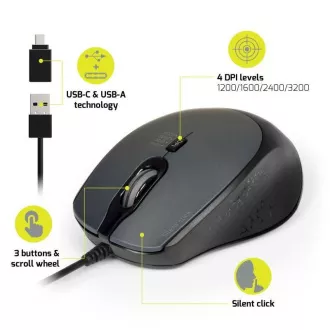 PORT optická myš SILENT, USB-A/USB-C, 3600 DPI, čierna