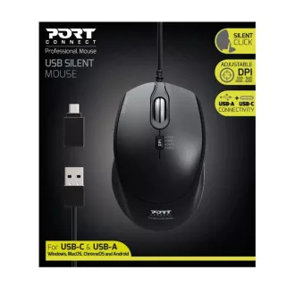 PORT optická myš SILENT, USB-A/USB-C, 3600 DPI, čierna