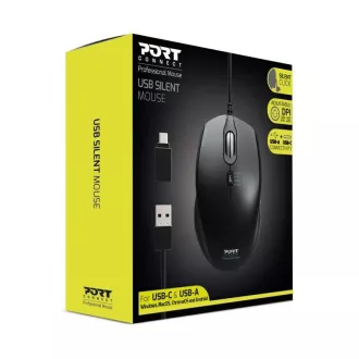 PORT optická myš SILENT, USB-A/USB-C, 3600 DPI, čierna