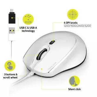 PORT optická myš SILENT, USB-A/USB-C, 3600 DPI, biela