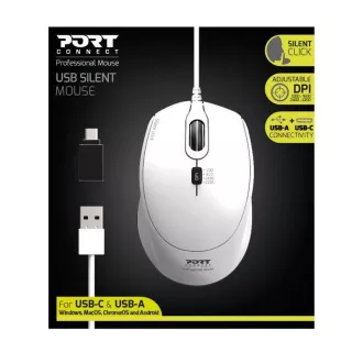 PORT optická myš SILENT, USB-A/USB-C, 3600 DPI, biela