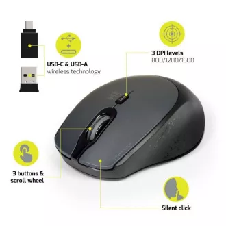 PORT bezdrôtová myš SILENT, USB-A/USB-C dongle, 2, 4Ghz, 1600DPI, čierna