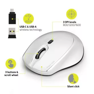 PORT bezdrôtová myš SILENT, USB-A/USB-C dongle, 2, 4Ghz, 1600DPI, biela