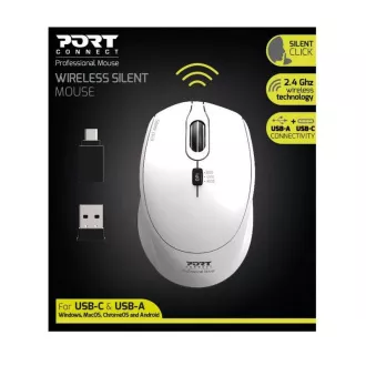 PORT bezdrôtová myš SILENT, USB-A/USB-C dongle, 2, 4Ghz, 1600DPI, biela