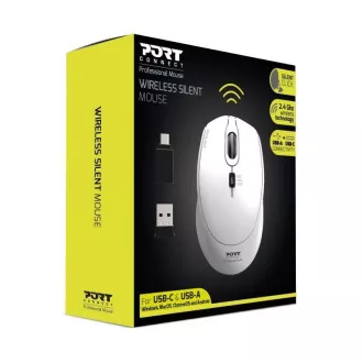 PORT bezdrôtová myš SILENT, USB-A/USB-C dongle, 2, 4Ghz, 1600DPI, biela