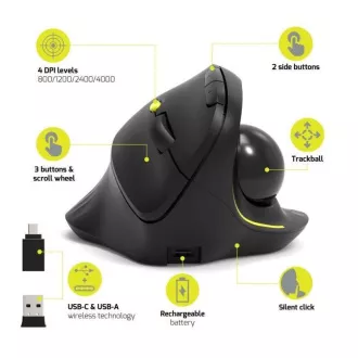 PORT bezdrôtová ergonomická myš ERGONOMIC TRACKBALL, 2, 4 Ghz & Bluetooth, USB-A/C, čierna