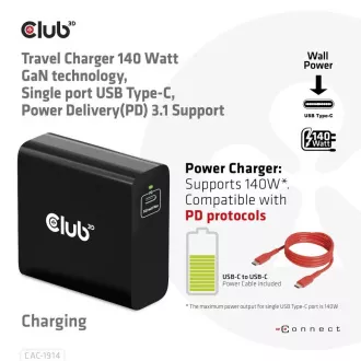 Club3D cestovná nabíjačka USB-C 140W GaN Technológia, 1xUSB-C, podpora PD 3.1