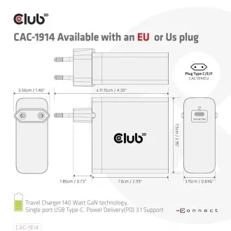 Club3D cestovná nabíjačka USB-C 140W GaN Technológia, 1xUSB-C, podpora PD 3.1
