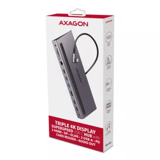 AXAGON HMC-4KX3 USB 5Gbps húb, 3x USB-A, 2x HDMI, DP, RJ-45 GLAN, SD/microSD, audio, PD 100W, kábel USB-C 40cm