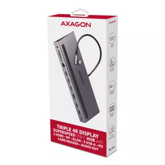 AXAGON HMC-4KX3 USB 5Gbps húb, 3x USB-A, 2x HDMI, DP, RJ-45 GLAN, SD/microSD, audio, PD 100W, kábel USB-C 40cm AXAGON HMC-4KX3 USB 5Gbps húb, 3x USB-A, 2x HDMI, DP, RJ-45 GLAN, SD/microSD, audio, PD 100W, kábel USB-C 40cm