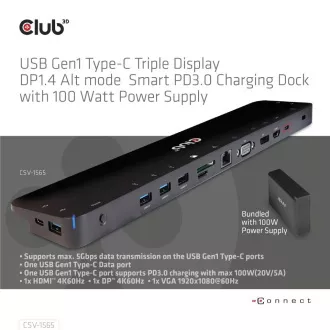 Club3D Dokovacia stanica USB-C 14v1, 1xDP, 1xHDMI, 1xVGA, 2xUSB-C, 5xUSB, 1xRJ45, 1x3.5mm, sivá