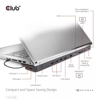 Club3D Dokovacia stanica USB-C 14v1, 1xDP, 1xHDMI, 1xVGA, 2xUSB-C, 5xUSB, 1xRJ45, 1x3.5mm, sivá