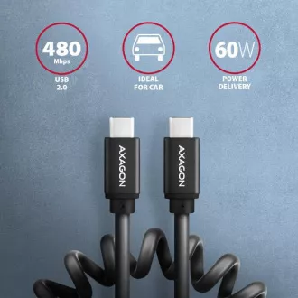 AXAGON BUCM-CM20TB, TWISTER kábel USB-C <-> USB-C, 1.1m, USB 2.0, PD 60W 3A, ALU, tpe, čierny