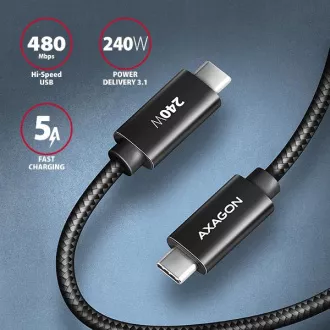 AXAGON BUCM2-CM15AB, CHARGE kábel USB-C <-> USB-C, 1.5m, Hi-Speed USB, PD 240W 5A, ALU, oplet, čierny