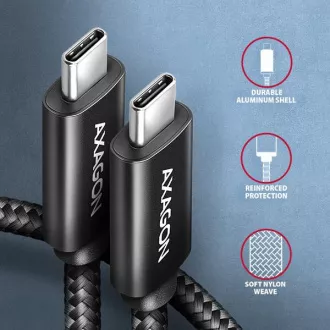 AXAGON BUCM2-CM25AB, CHARGE kábel USB-C <-> USB-C, 2.5m, Hi-Speed USB, PD 240W 5A, ALU, oplet, čierny