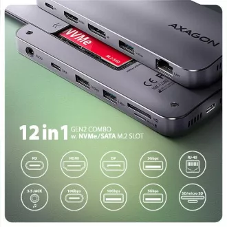 AXAGON HMC-12GM2, USB 10Gbps húb, 3x USB-A, USB-C, HDMI, DP, RJ-45 GLAN, M.2, SD/mSD, audio, PD 100W, kábel USB-C 50cm AXAGON HMC-12GM2, USB 10Gbps húb, 3x USB-A, USB-C, HDMI, DP, RJ-45 GLAN, M.2, SD/mSD, audio, PD 100W, kábel USB-C 50cm
