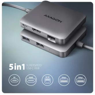 AXAGON HMC-5HL USB 5Gbps húb, 2x USB-A, HDMI 4k/60Hz, RJ-45 GLAN, PD 100W, kábel USB-C 20cm AXAGON HMC-5HL USB 5Gbps húb, 2x USB-A, HDMI 4k/60Hz, RJ-45 GLAN, PD 100W, kábel USB-C 20cm