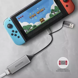 AXAGON ADE-TXCA, USB-C + USB-A 3.2 Gen 1 - Gigabit Ethernet sieťová karta, Asix AX88179, auto inštal