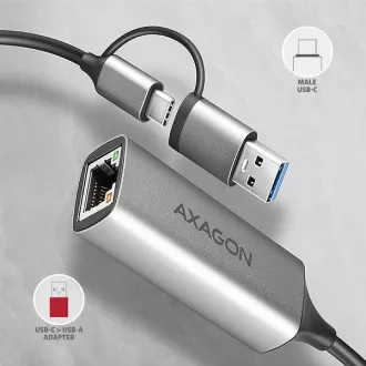 AXAGON ADE-TXCA, USB-C + USB-A 3.2 Gen 1 - Gigabit Ethernet sieťová karta, Asix AX88179, auto inštal