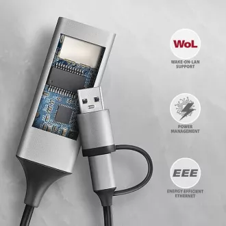 AXAGON ADE-TXCA, USB-C + USB-A 3.2 Gen 1 - Gigabit Ethernet sieťová karta, Asix AX88179, auto inštal