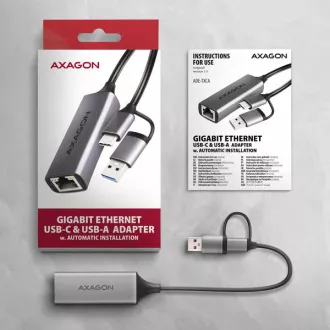 AXAGON ADE-TXCA, USB-C + USB-A 3.2 Gen 1 - Gigabit Ethernet sieťová karta, Asix AX88179, auto inštal