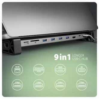 AXAGON HMC-10HLS, USB 5Gbps húb, 4x USB-A, HDMI 4k/60Hz, RJ-45 GLAN, SD/mSD, PD 100W, kábel USB-C 25cm