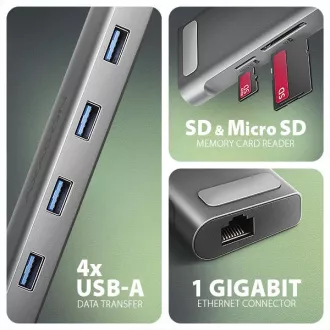AXAGON HMC-10HLS, USB 5Gbps húb, 4x USB-A, HDMI 4k/60Hz, RJ-45 GLAN, SD/mSD, PD 100W, kábel USB-C 25cm