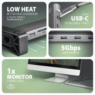AXAGON HMC-10HLS, USB 5Gbps húb, 4x USB-A, HDMI 4k/60Hz, RJ-45 GLAN, SD/mSD, PD 100W, kábel USB-C 25cm