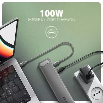 AXAGON HMC-10HLS, USB 5Gbps húb, 4x USB-A, HDMI 4k/60Hz, RJ-45 GLAN, SD/mSD, PD 100W, kábel USB-C 25cm