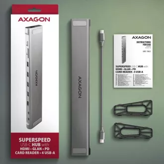 AXAGON HMC-10HLS, USB 5Gbps húb, 4x USB-A, HDMI 4k/60Hz, RJ-45 GLAN, SD/mSD, PD 100W, kábel USB-C 25cm