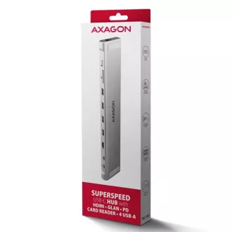AXAGON HMC-10HLS, USB 5Gbps húb, 4x USB-A, HDMI 4k/60Hz, RJ-45 GLAN, SD/mSD, PD 100W, kábel USB-C 25cm