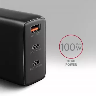 AXAGON ACU-DPQ100, GaN nabíjačka do siete 100W, 3x port (USB-A + dual USB-C), PD3.0/PPS/QC4+/Apple, čierna