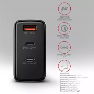 AXAGON ACU-DPQ100, GaN nabíjačka do siete 100W, 3x port (USB-A + dual USB-C), PD3.0/PPS/QC4+/Apple, čierna