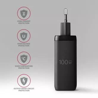 AXAGON ACU-DPQ100, GaN nabíjačka do siete 100W, 3x port (USB-A + dual USB-C), PD3.0/PPS/QC4+/Apple, čierna