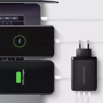 AXAGON ACU-DPQ100, GaN nabíjačka do siete 100W, 3x port (USB-A + dual USB-C), PD3.0/PPS/QC4+/Apple, čierna
