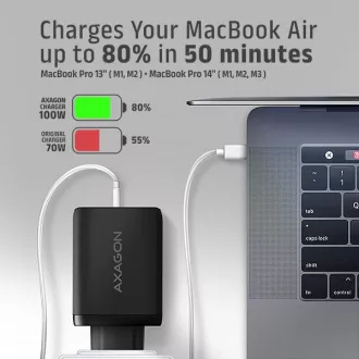 AXAGON ACU-DPQ100, GaN nabíjačka do siete 100W, 3x port (USB-A + dual USB-C), PD3.0/PPS/QC4+/Apple, čierna