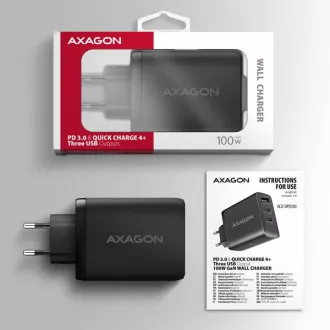 AXAGON ACU-DPQ100, GaN nabíjačka do siete 100W, 3x port (USB-A + dual USB-C), PD3.0/PPS/QC4+/Apple, čierna