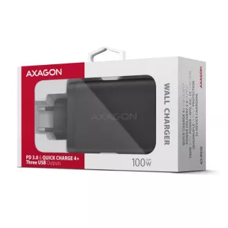 AXAGON ACU-DPQ100, GaN nabíjačka do siete 100W, 3x port (USB-A + dual USB-C), PD3.0/PPS/QC4+/Apple, čierna