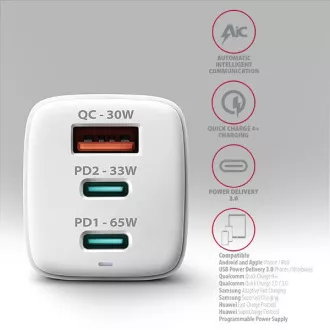AXAGON ACU-DPQ65W, GaN nabíjačka do siete 65W, 3x port (USB-A + dual USB-C), PD3.0/QC4+/PPS/Apple, biela