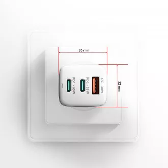AXAGON ACU-DPQ65W, GaN nabíjačka do siete 65W, 3x port (USB-A + dual USB-C), PD3.0/QC4+/PPS/Apple, biela