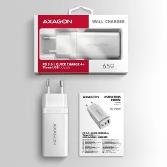 AXAGON ACU-DPQ65W, GaN nabíjačka do siete 65W, 3x port (USB-A + dual USB-C), PD3.0/QC4+/PPS/Apple, biela