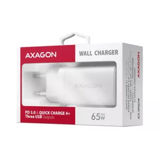 AXAGON ACU-DPQ65W, GaN nabíjačka do siete 65W, 3x port (USB-A + dual USB-C), PD3.0/QC4+/PPS/Apple, biela