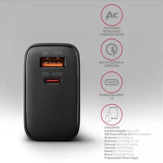 AXAGON ACU-PQ45 GaN nabíjačka do siete 45W, 2x port (USB-A + USB-C), PD3.0/PPS/QC4+/SFC 2.0/AFC/Apple