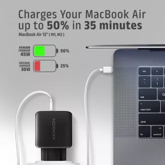 AXAGON ACU-PQ45 GaN nabíjačka do siete 45W, 2x port (USB-A + USB-C), PD3.0/PPS/QC4+/SFC 2.0/AFC/Apple