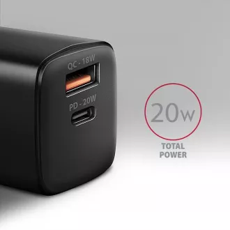 AXAGON ACU-PQ20, nabíjačka do siete 20W, 2x port (USB-A + USB-C), PD3.0/PPS/QC4+/AFC/Apple, čierna