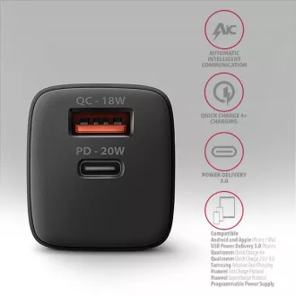 AXAGON ACU-PQ20, nabíjačka do siete 20W, 2x port (USB-A + USB-C), PD3.0/PPS/QC4+/AFC/Apple, čierna
