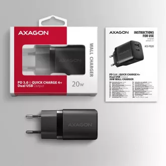 AXAGON ACU-PQ20, nabíjačka do siete 20W, 2x port (USB-A + USB-C), PD3.0/PPS/QC4+/AFC/Apple, čierna