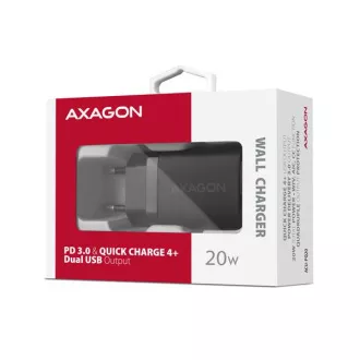 AXAGON ACU-PQ20, nabíjačka do siete 20W, 2x port (USB-A + USB-C), PD3.0/PPS/QC4+/AFC/Apple, čierna